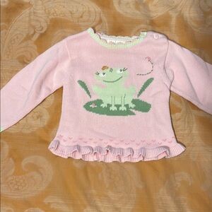 Playful Pink and Green Frog Sweater with Ruffled Hem